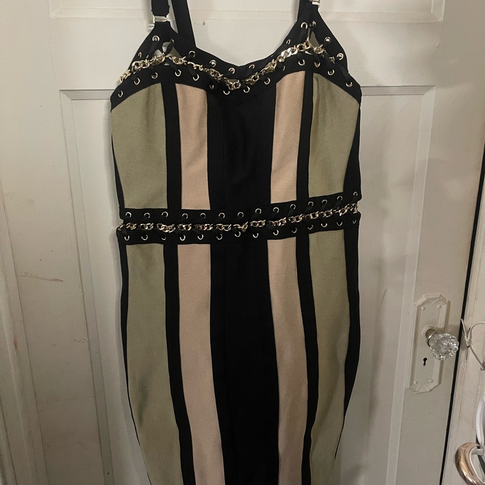 Fashion Nova Black and Gold Embellished Midi Dress